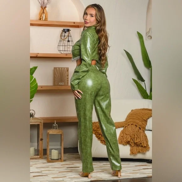 14. Faux Leather Crop Top with Rhinestones and Pant Set in Cream - Picture 2 of 3